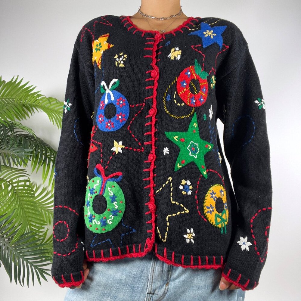 Vintage 90s Black Holiday Grandmacore Ugly Christmas Sweater Knit Cardigan / M